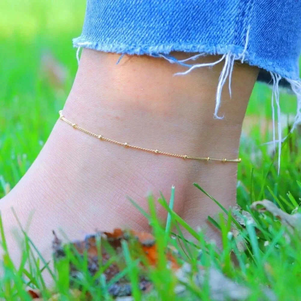 💛GORGEOUS ROUNDED BEADS ANKLET ESSENTIAL CHAIN SOLID GOLD BRACELET, ELDM22337 - Picture 8 of 14